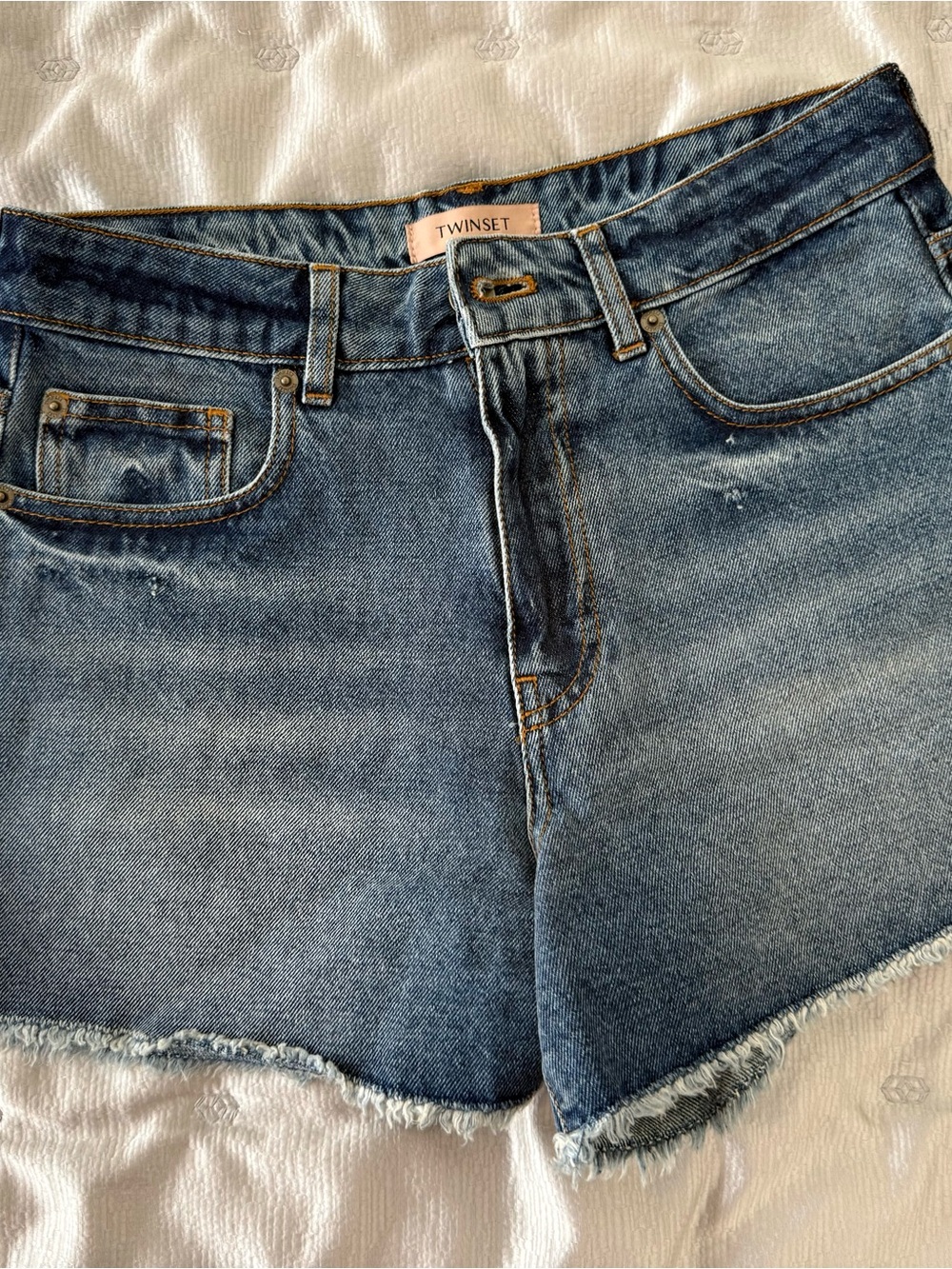 Twin-Set Light Blue Denim Shorts with Pink Leather Patch